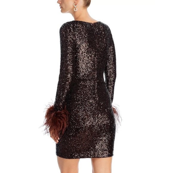 AQUA Feather Trim Short Sequin Dress - Chocolate Brown - Picture 4 of 5
